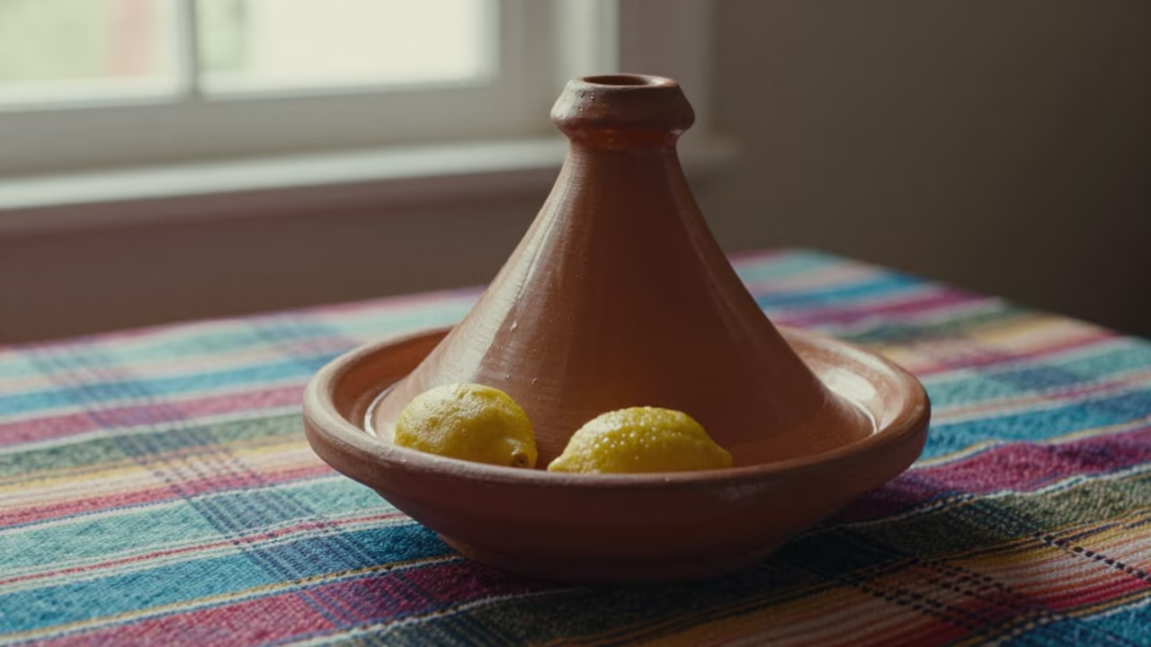 Clay Tagine with Preserved Lemons on Picnic Blanket in on a picnic blanket in Satna