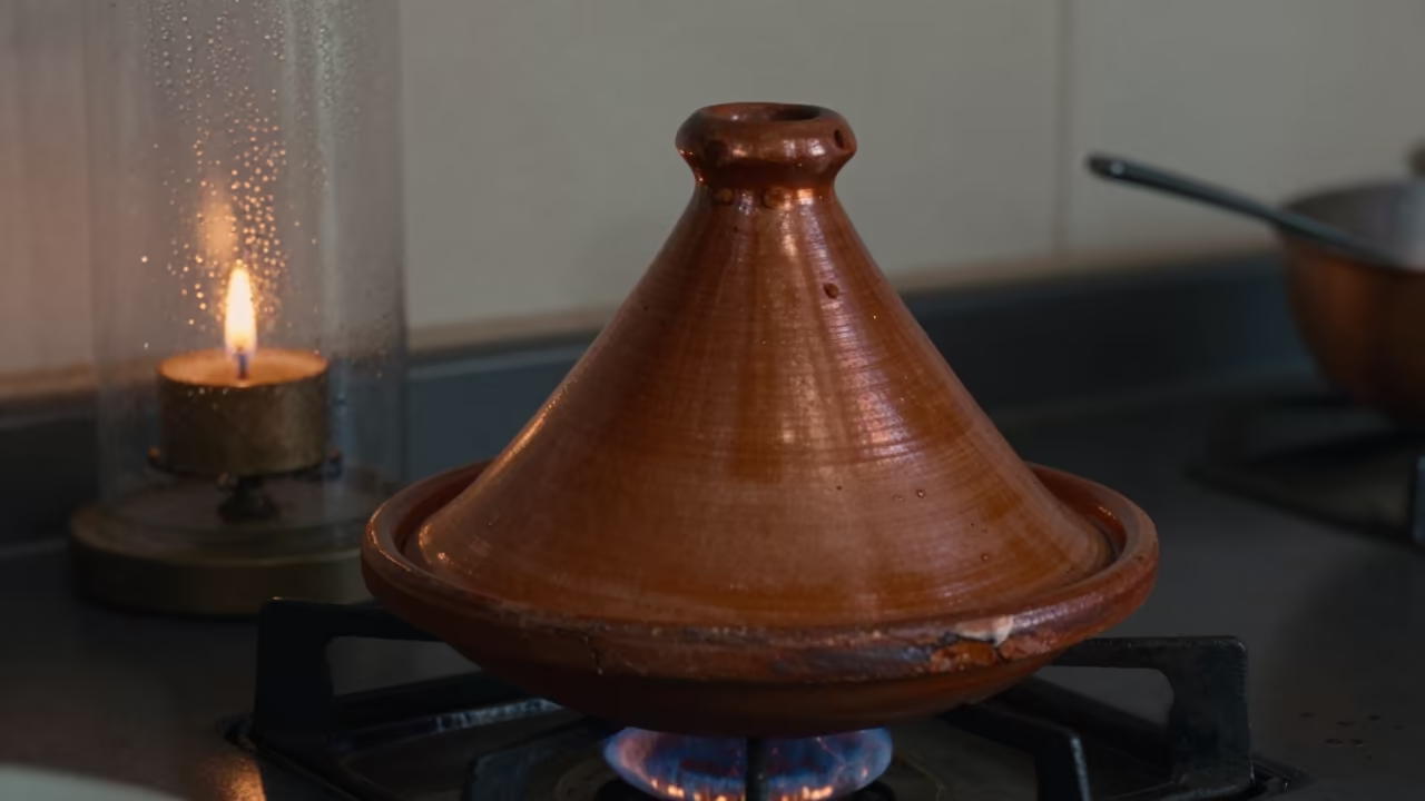 Clay Tagine Simmering in Copper Light in on a kitchen worktop in Dar es Salaam