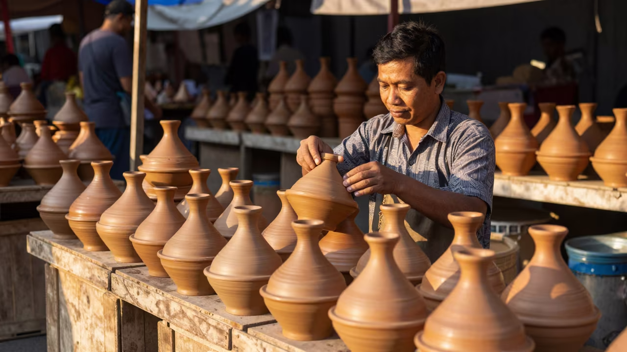 Clay Tagine Vendor at Kuala Lumpur Market Stall in at a market stall in Kuala Lumpur