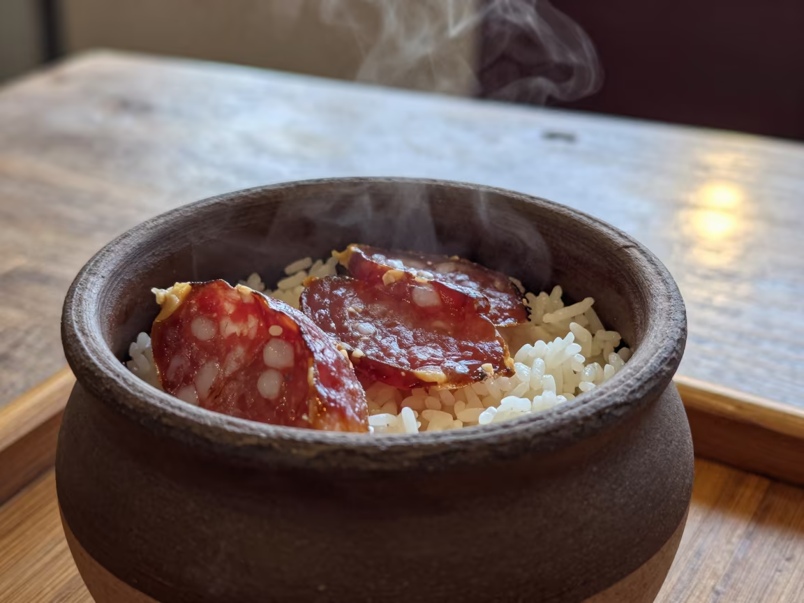 Claypot Rice with Chinese Sausage in Kırşehir Tea House in on a tea house tray in Kırşehir