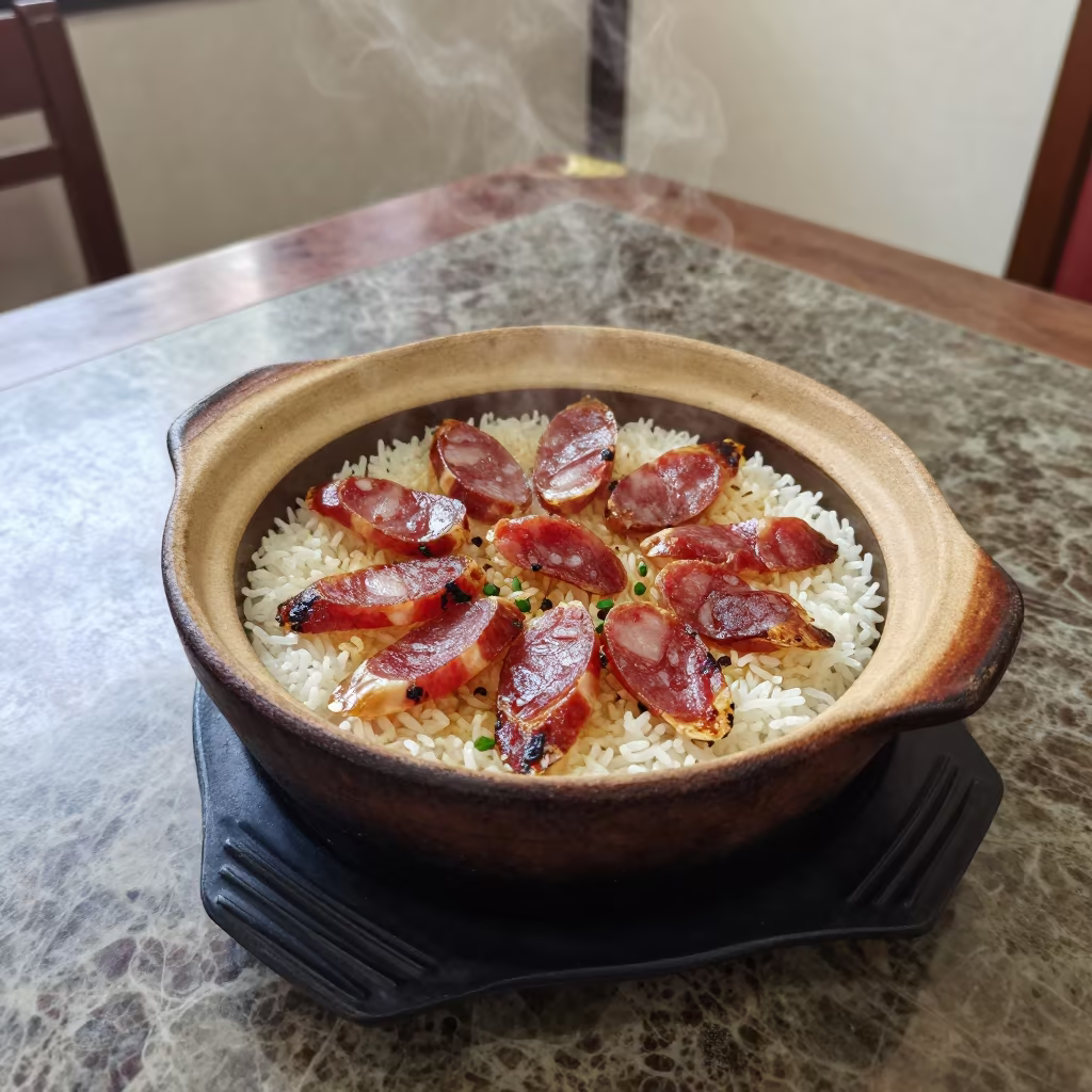 Claypot Rice with Chinese Sausage on Marble in on a marble cafe table in Margilan