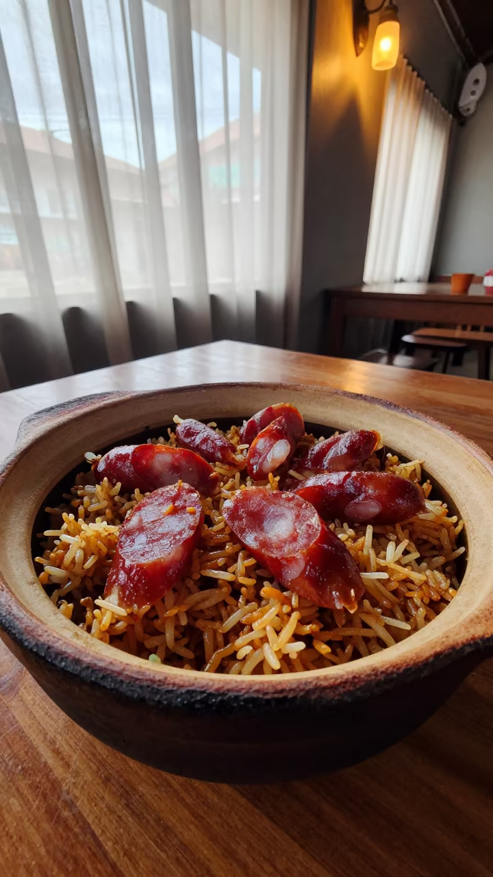 Claypot Rice and Chinese Sausage Morning Light in at a roadside diner table in Makassar