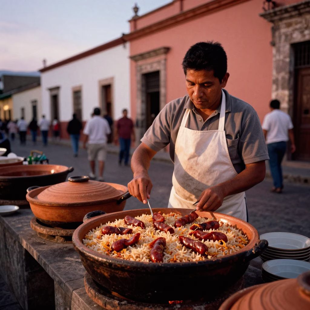 Claypot Rice in Oaxaca at Copper-toned Light Before Dusk in in Oaxaca, Mexico