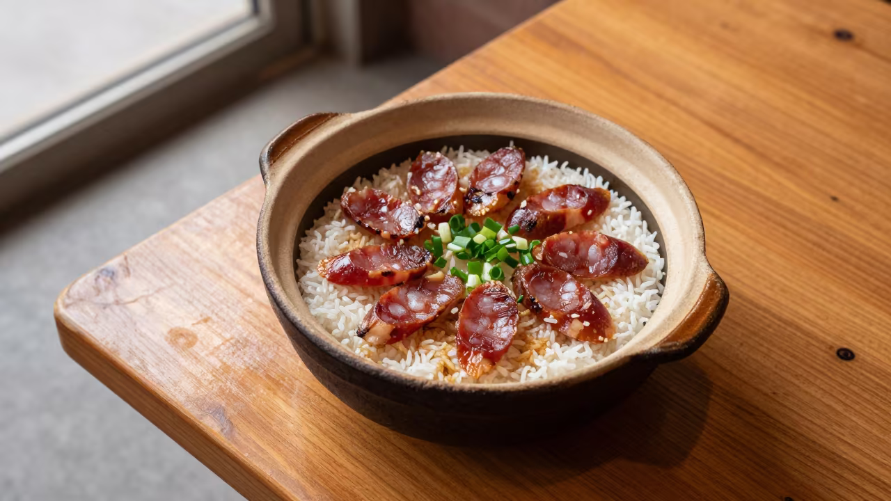 Claypot Rice with Chinese Sausage Overhead in at a roadside diner table in Radom