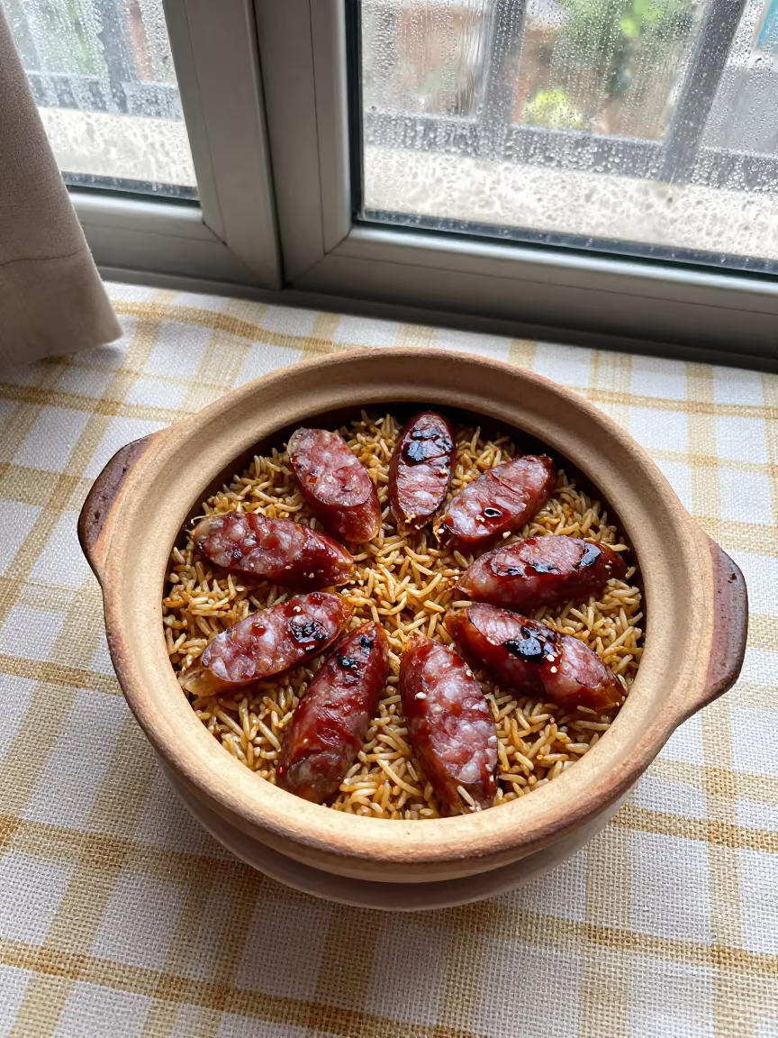 Claypot Rice Sausage Picnic Morelia Midmorning Light in on a picnic blanket in Morelia