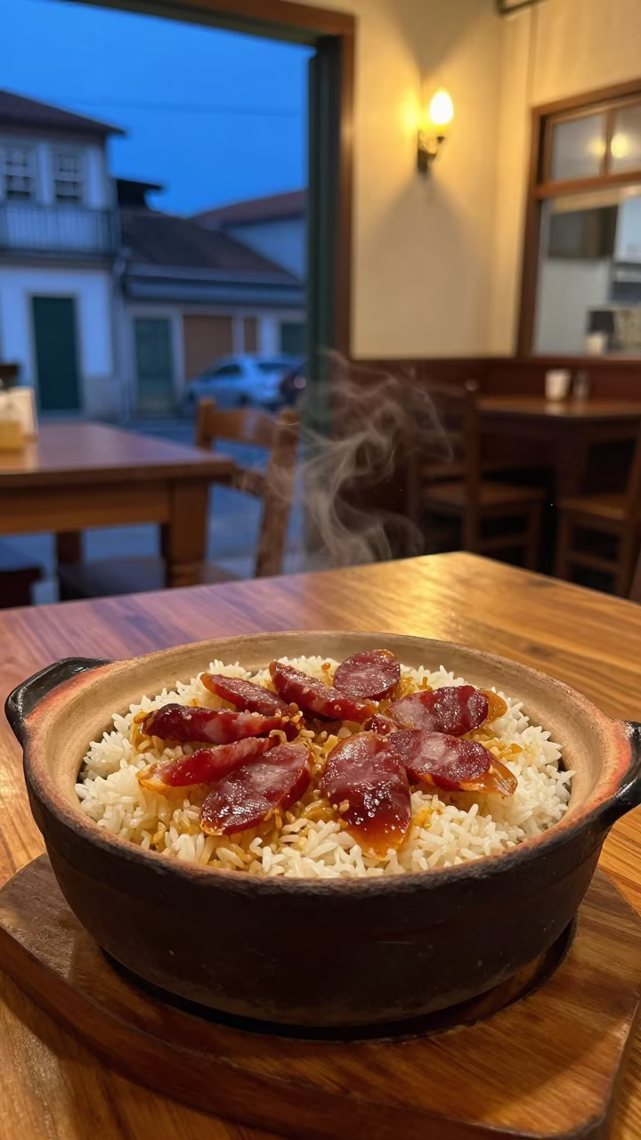 Claypot Rice with Sausage in Porto Alegre in at a roadside diner table in Porto Alegre