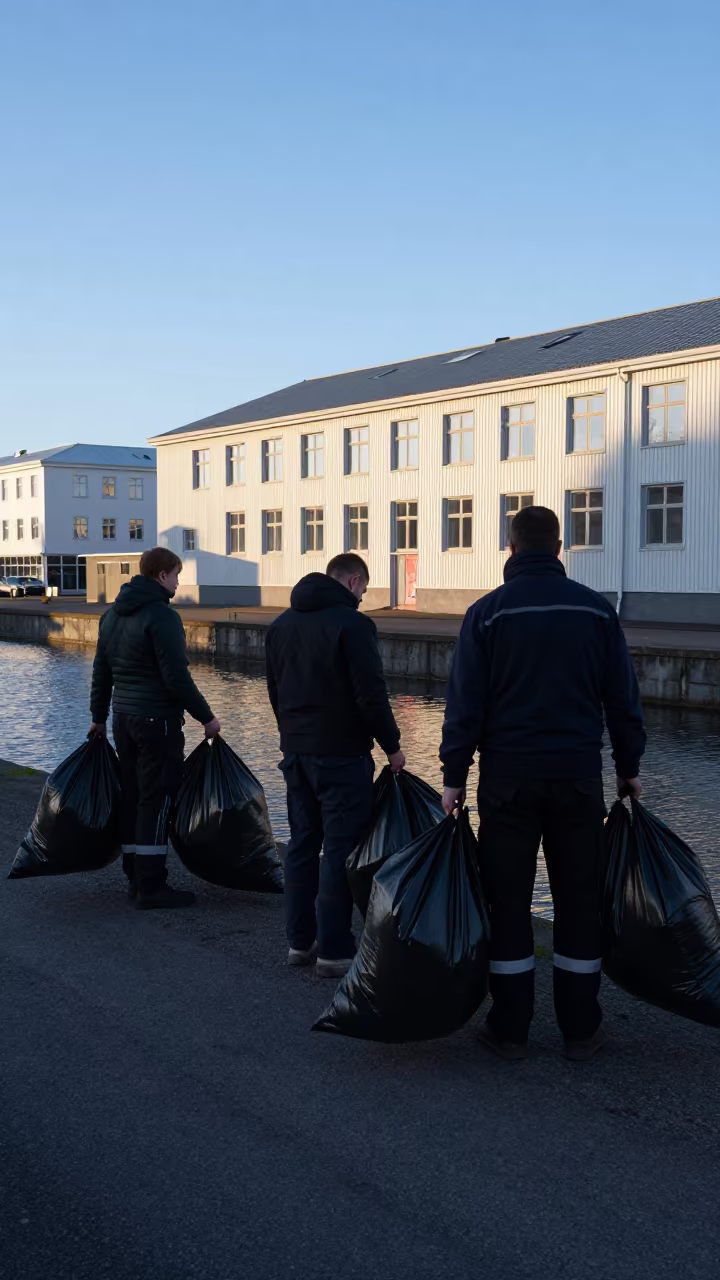 Clean Crew Filling Bags Near Reykjavik Canal in in a community center hall near Skolavordustigur, Reykjavik