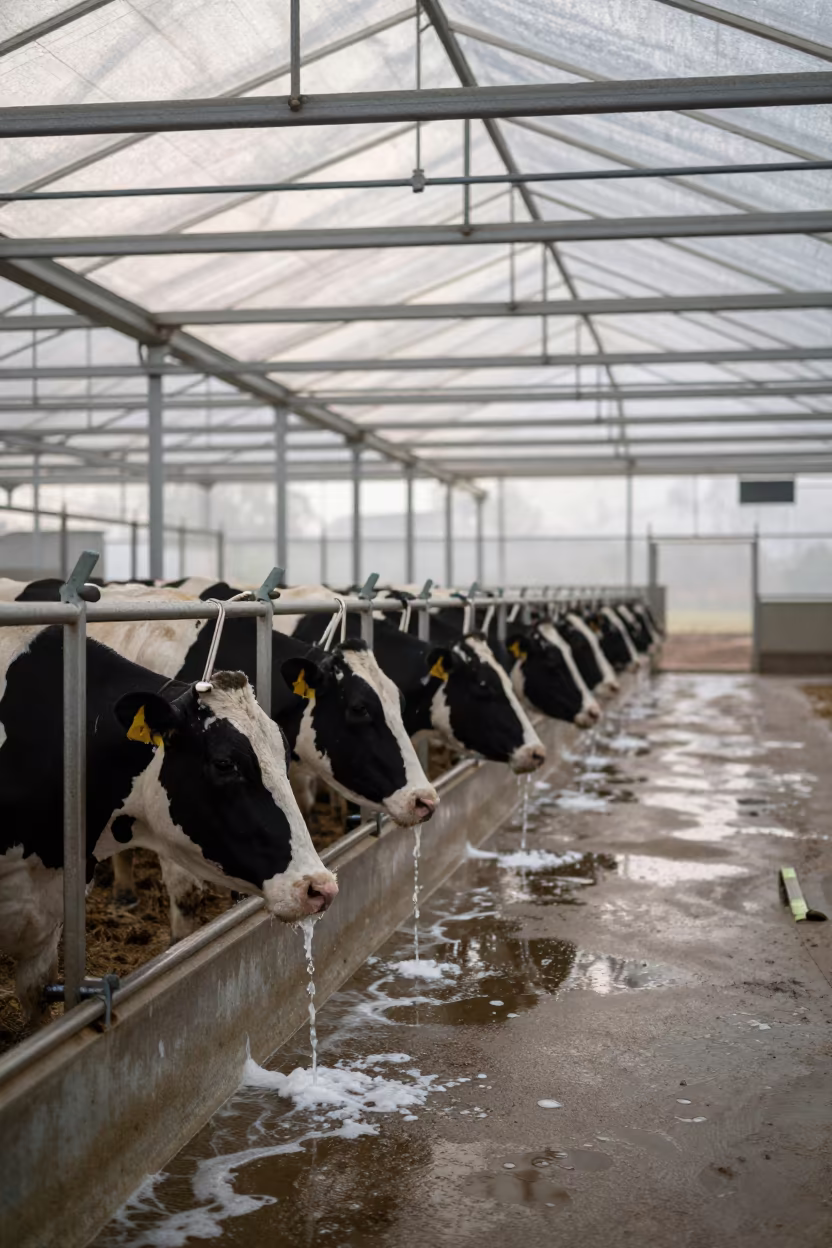 Clean Dairy Barn Parlor at First Dawn Light in under translucent greenhouse roofing near Jalandhar