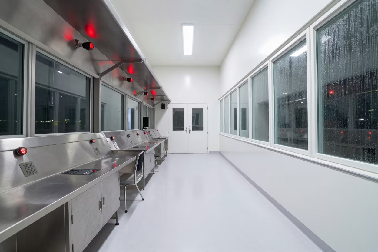 Clean Room Bay Under Red Night Bulbs in inside an observatory control room near Latina