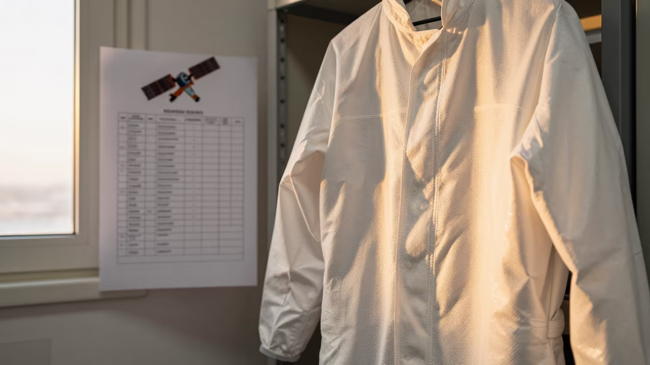 Clean Room Bunny Suit and Satellite Checklist in in a specimen archive room near Agadir