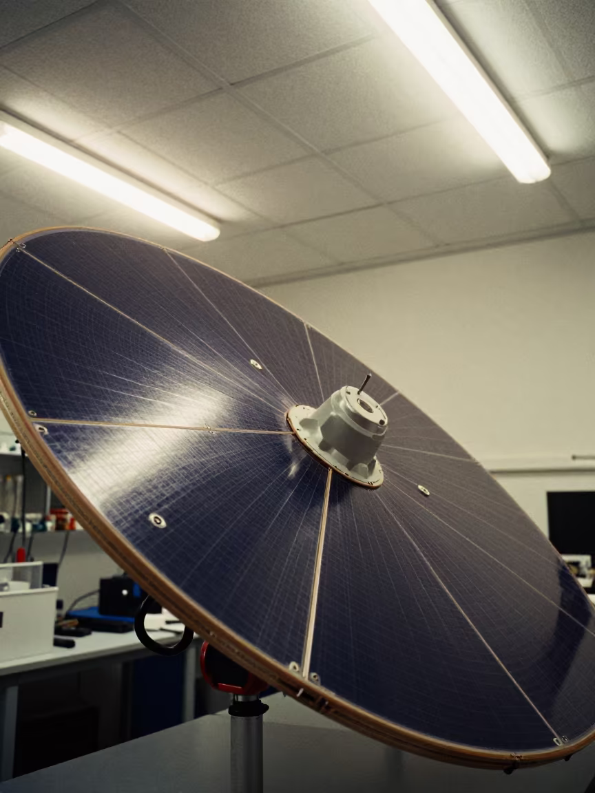 Clean Room Ceiling Grid Mirrored in Satellite Panel in at an engineering workbench in Larache
