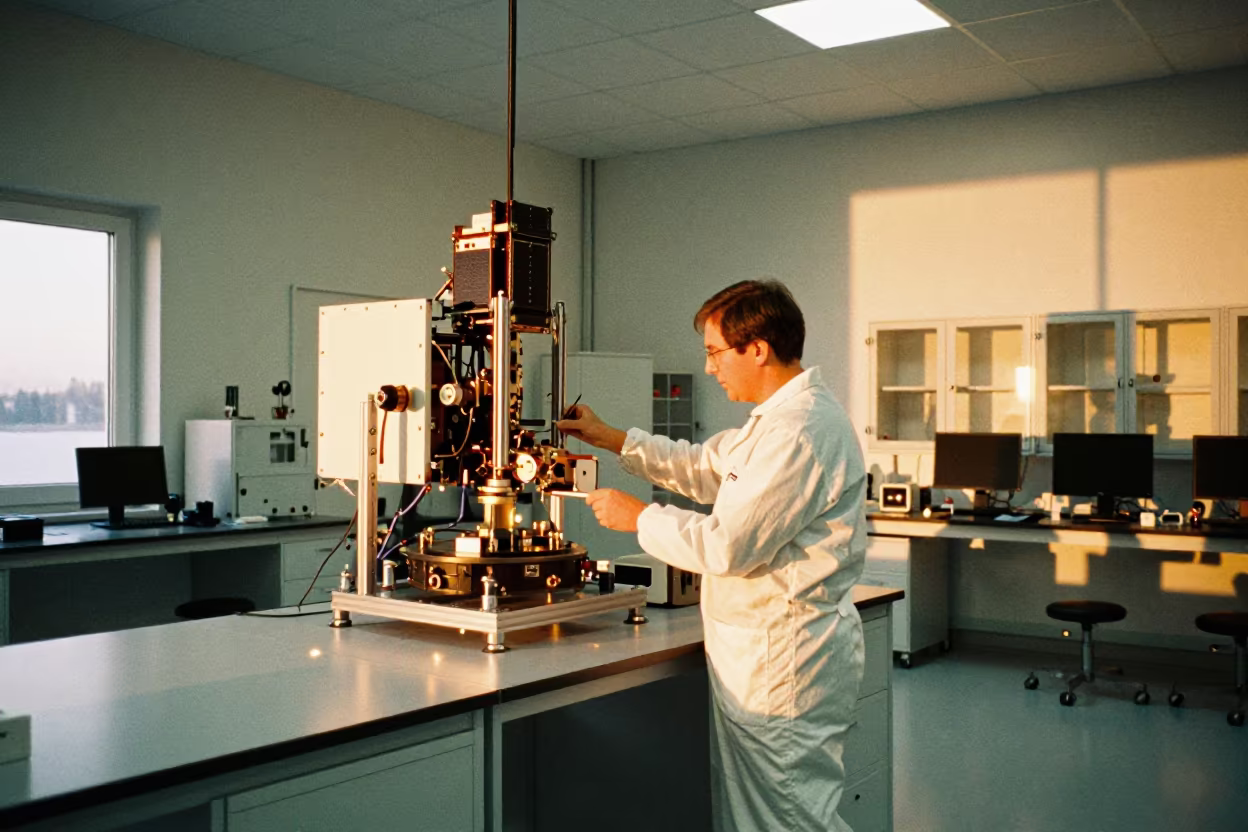 Clean Room Technician Beside Satellite Rig in in a bright laboratory near Koszalin