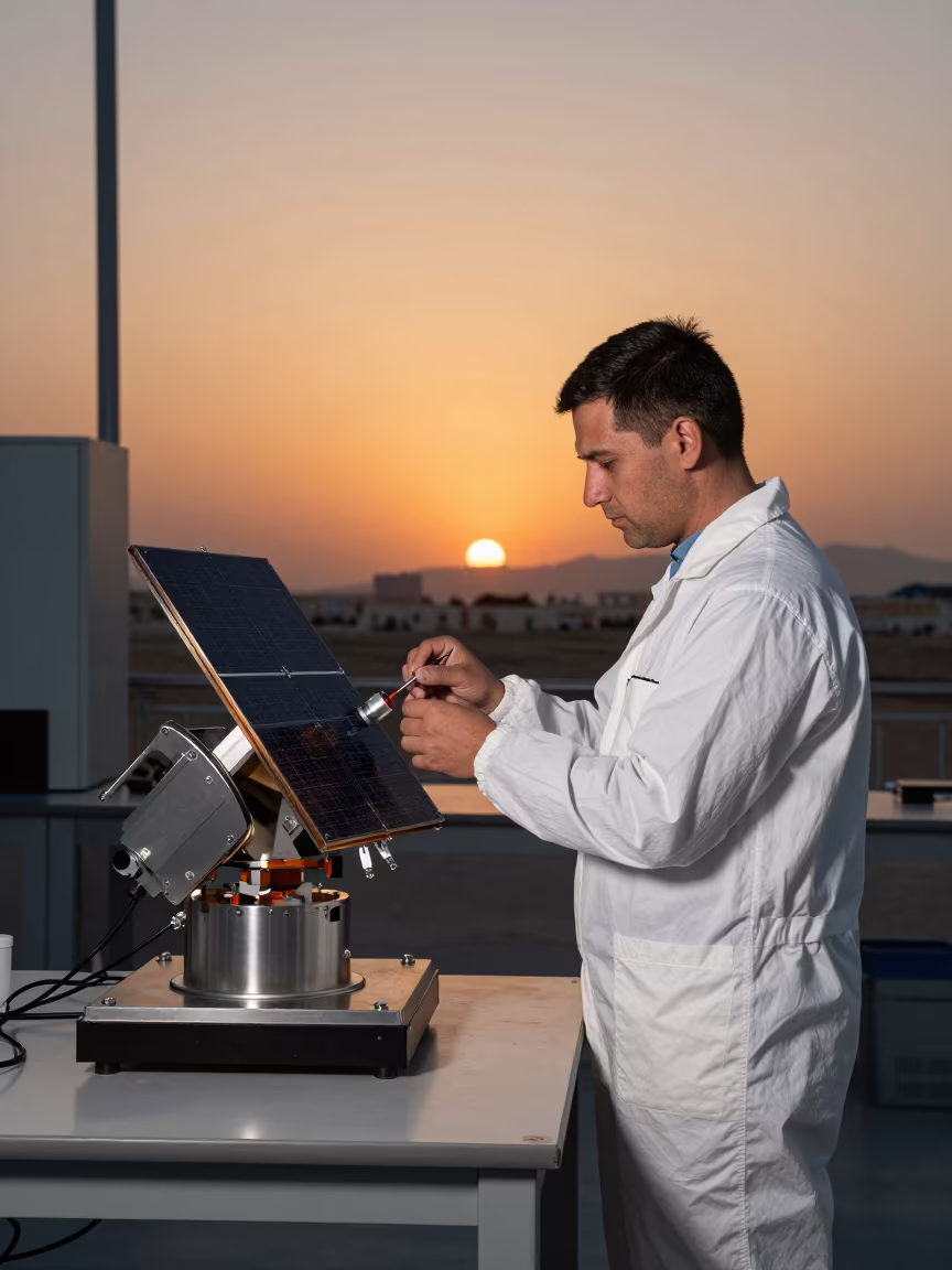 Clean Room Technician Assembling Satellite Near Damascus in at an engineering workbench near Damascus