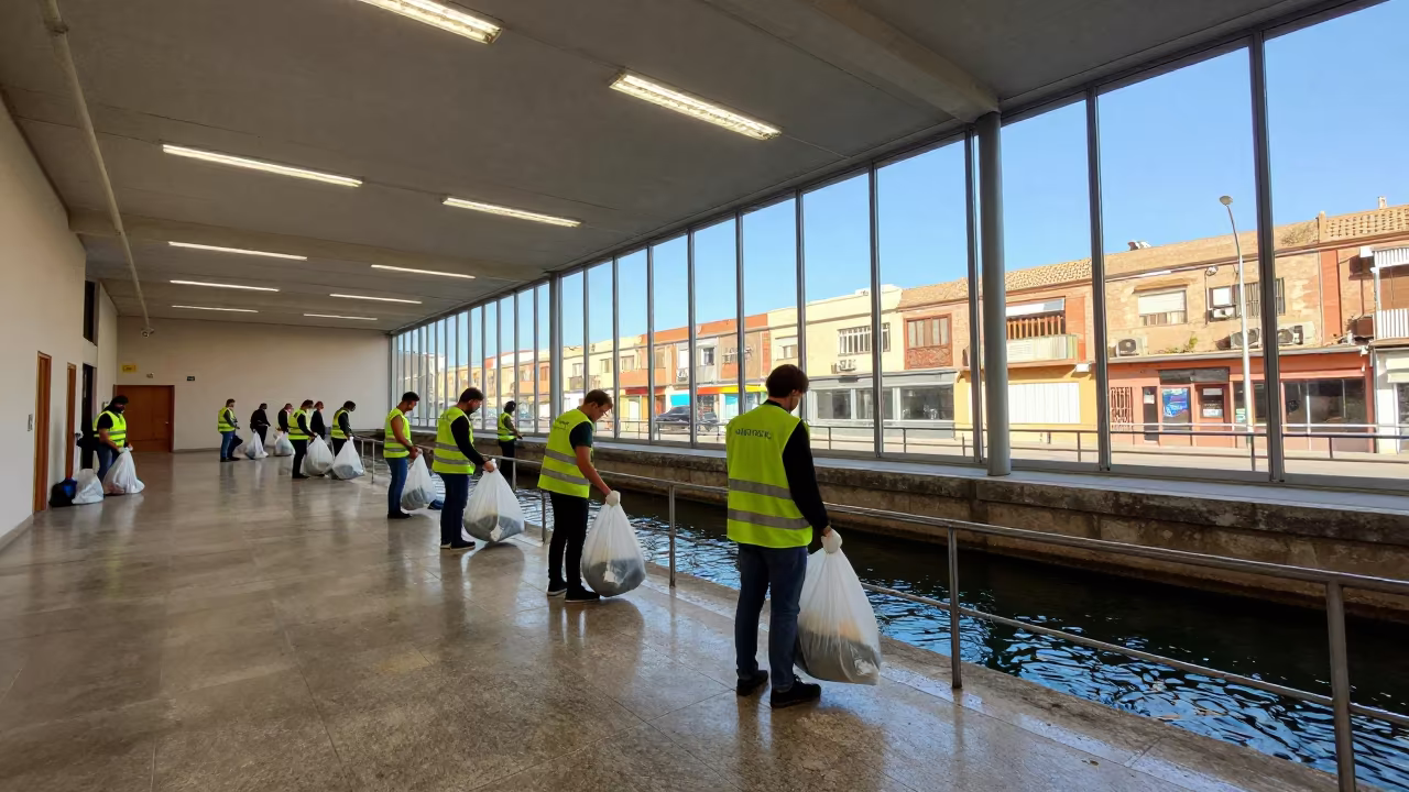 Clean-up crew filling bags near canal in hall in in a fluorescent town hall meeting room near Barcelona