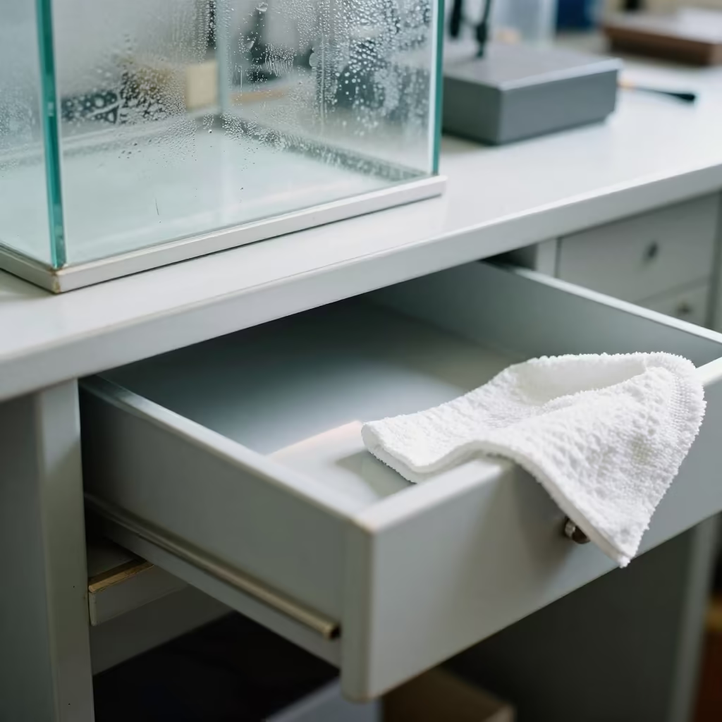 Cleaned Exam Stirrup Drawer on Workshop Shelf in on a workshop shelf near Antwerp