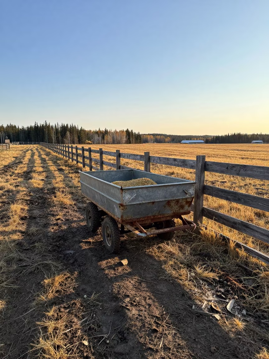 Cleaner Cart Along Yukon Paddock Fence in along a muddy paddock fence in Yukon