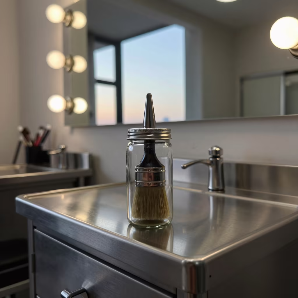 Cleaner Jar at Qingdao Barber Station Morning Light in at a barber station beneath mirror bulbs in Qingdao