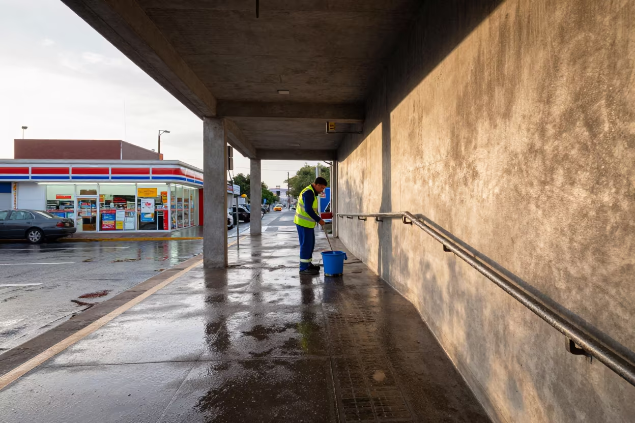 Cleaner Mop Bucket Under Overpass Golden Hour in outside a fluorescent convenience store in Hermosillo