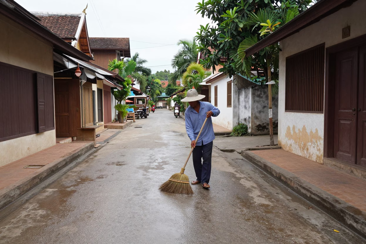 Cleaner Sweeping in Luang Prabang in in Luang Prabang, Laos