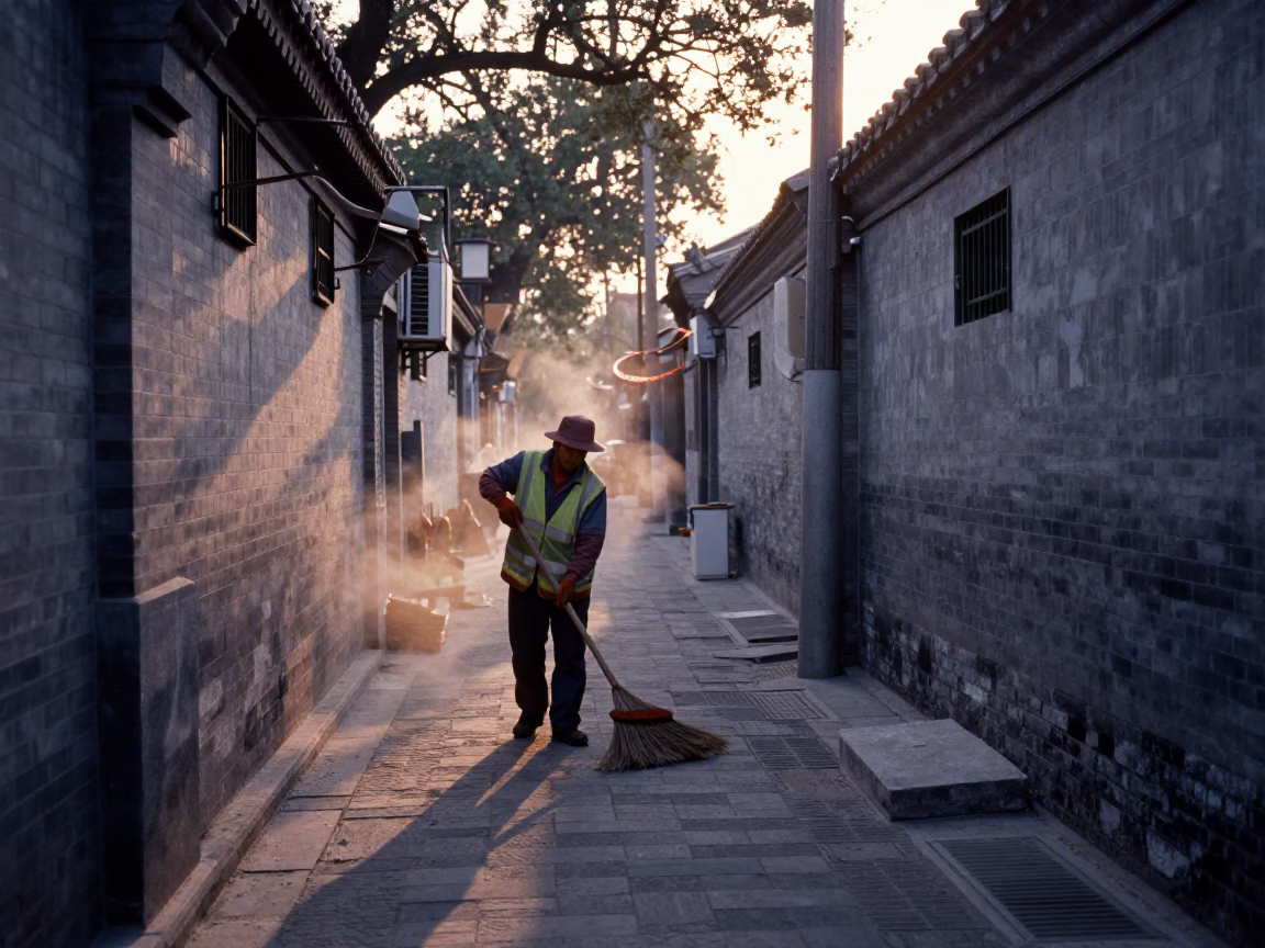 Cleaning Alley in Beijing at First Light Of Dawn in in Beijing, China
