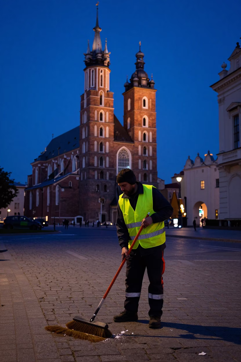 Cleaning Crew at The Still Hours Before Dawn Light in Krakow in in Krakow, Poland