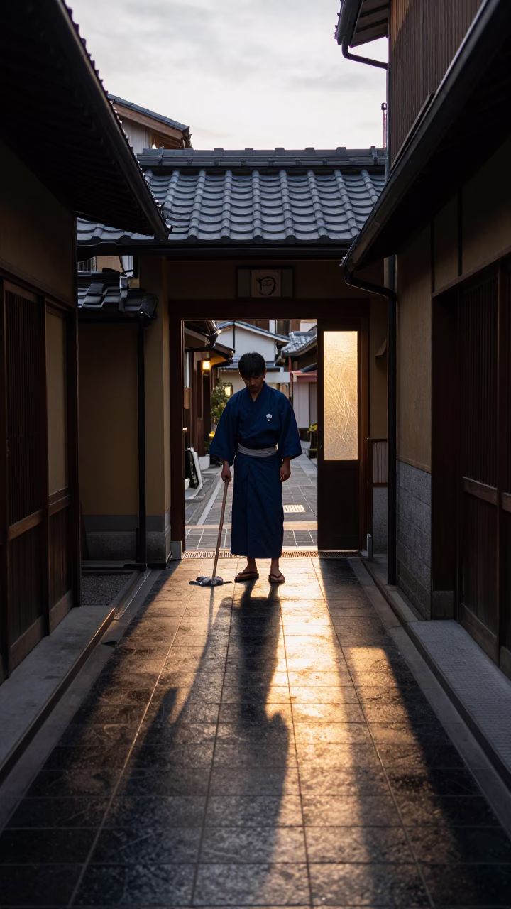 Cleaning Entryway in Kyoto in in Kyoto, Japan