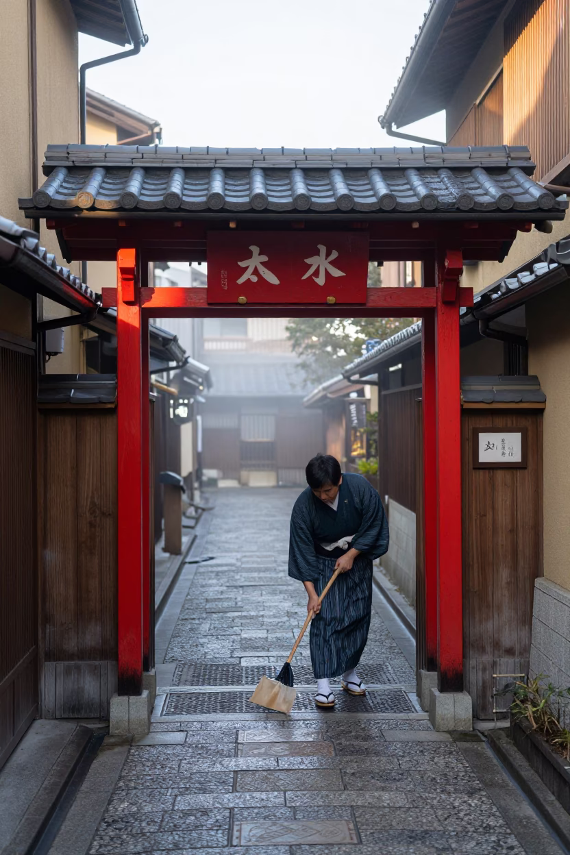 Cleaning Geta in Kyoto in in Kyoto, Japan