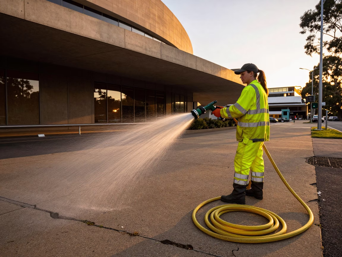 Cleaning Kerb in Adelaide at Honeyed Evening Light in in Adelaide, South Australia, Australia