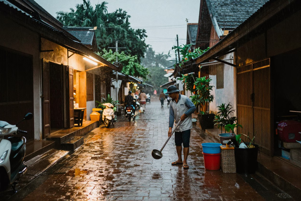 Cleaning Ladle in Luang Prabang in in Luang Prabang, Laos