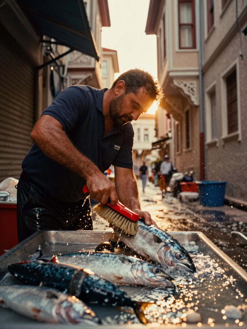 Cleaning Mackerel in Istanbul in in Istanbul, Turkey