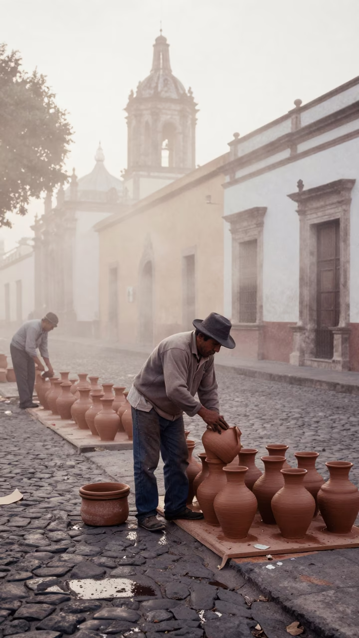 Cleaning Pottery in Oaxaca in in Oaxaca, Mexico