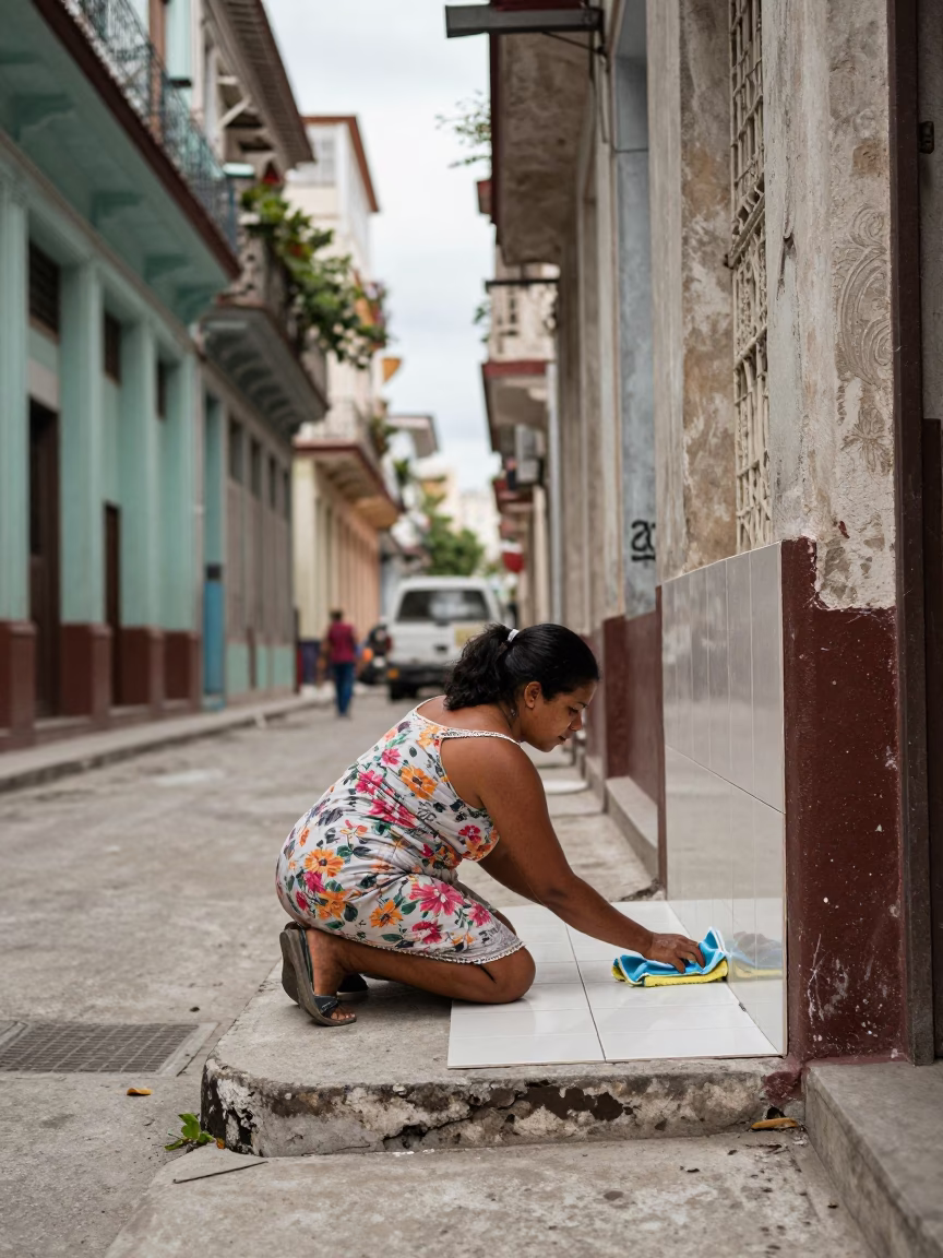 Cleaning Tiles in Havana in in Havana, Cuba