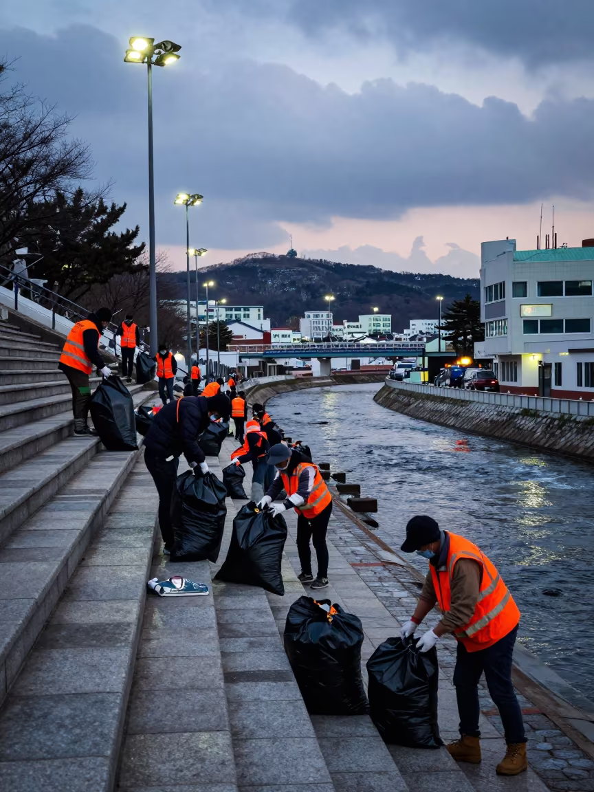 Cleanup Crew Filling Bags on Busan Steps in on the steps of city hall in Jagalchi, Busan