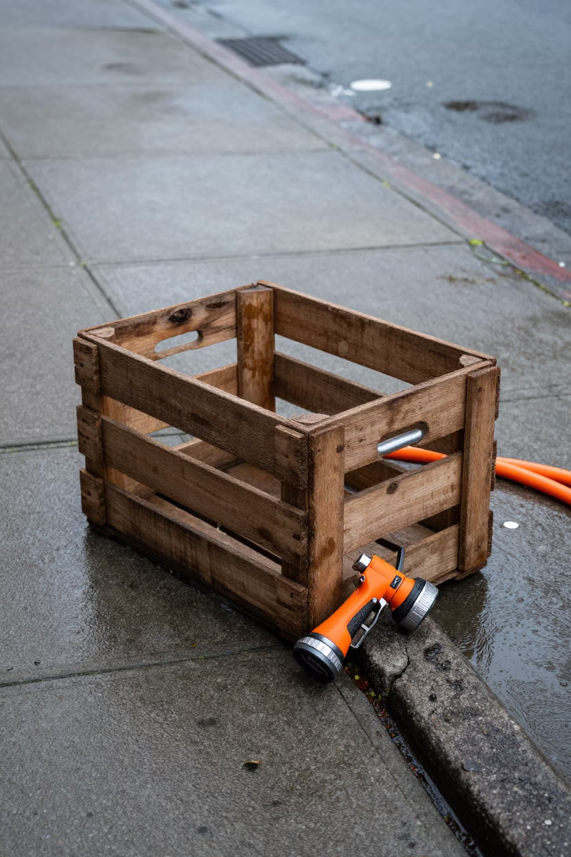 Clear Afternoon in Seattle Washington Fruit Crate and Hose Nozzle in in Seattle, Washington, United States