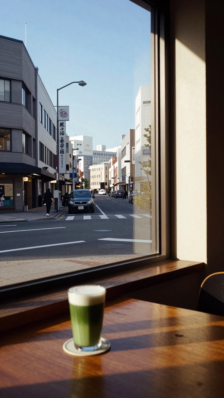 Clear Late Afternoon Light Illuminating Sapporo Street Scene with Matcha Latte and Local Transit in in Sapporo, Japan