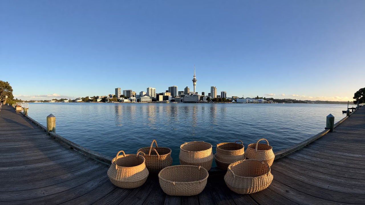 Clear Late Afternoon Light in Auckland New Zealand with Woven Baskets in in Auckland, New Zealand