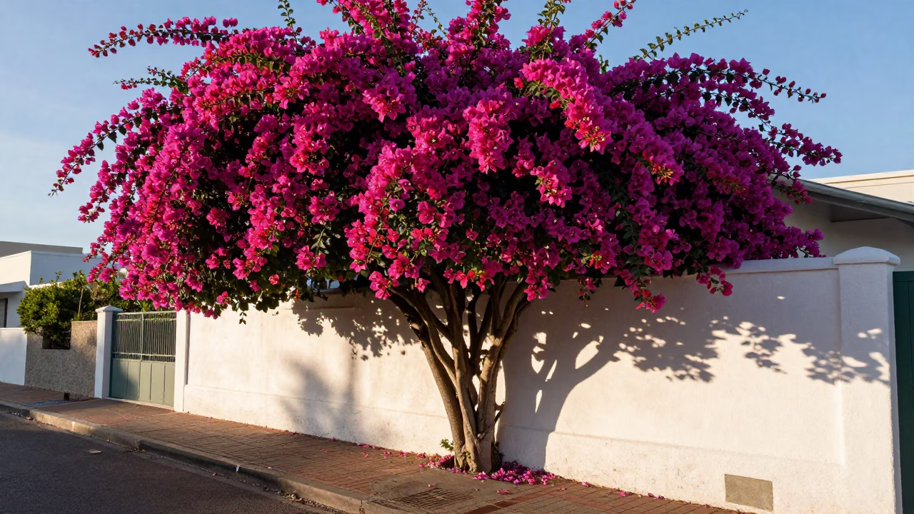 Clear Late-afternoon Light on Bougainvillea Cascade in Cape Town in in Cape Town, South Africa