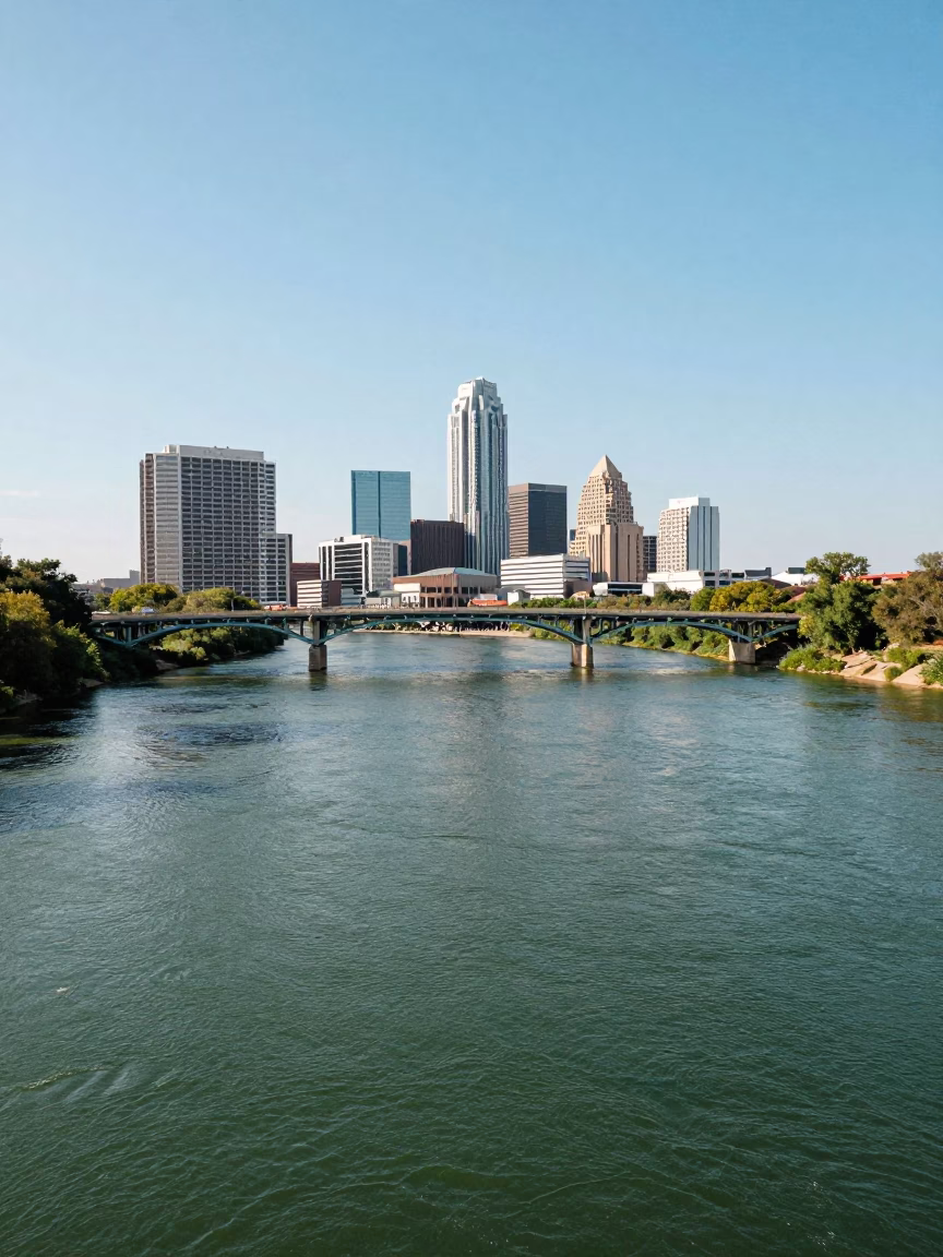 Clear Late-afternoon Light on Colorado River And Bridge Infrastructure in Austin in in Austin, Texas, United States