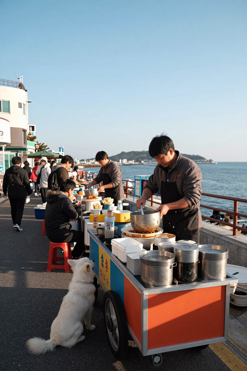 Clear Late-afternoon Light on Food Stall in Busan in in Busan, South Korea