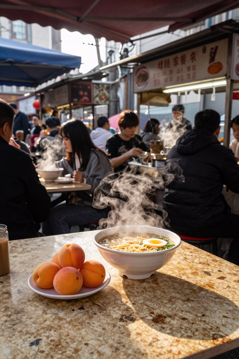 Clear Late-afternoon Light on Food Stall in Shanghai in in Shanghai, China