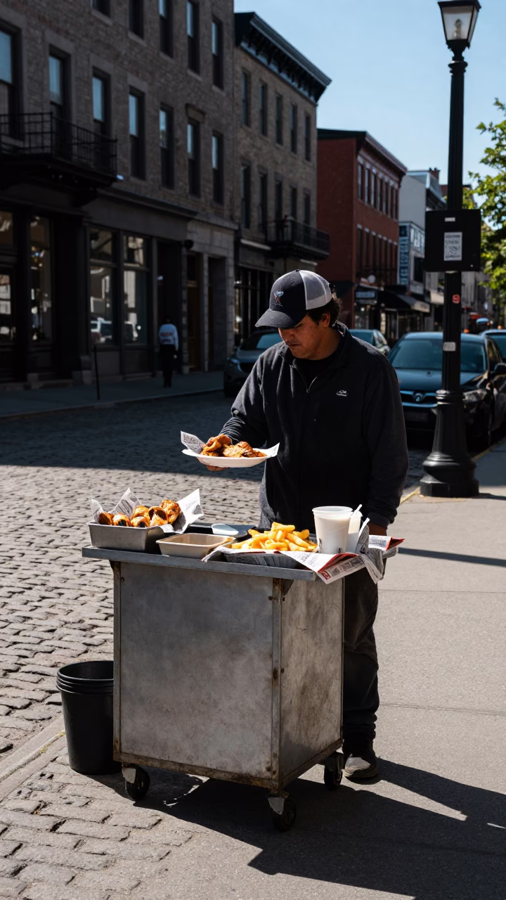 Clear Late-afternoon Light on Food Vendor in Montreal in in Montreal, Quebec, Canada