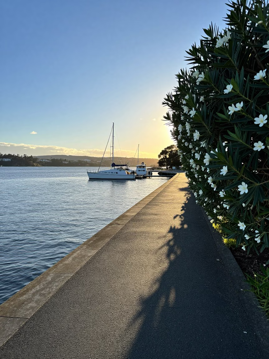 Clear Late Afternoon Light on Hobart Waterfront with Ripples and Oleander Hedge in in Hobart, Tasmania, Australia