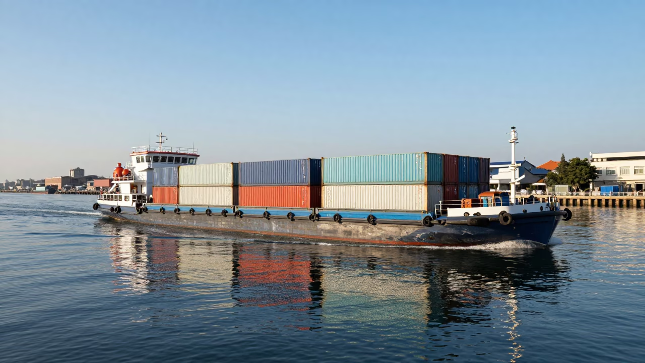 Clear Late Afternoon Light on Kaohsiung Canal Barge Cargo Transport Taiwan in in Kaohsiung, Taiwan