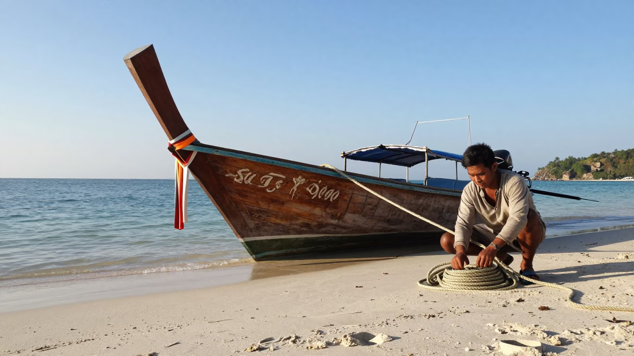 Clear Late-afternoon Light on Longtail Boat in Phuket in in Phuket, Thailand