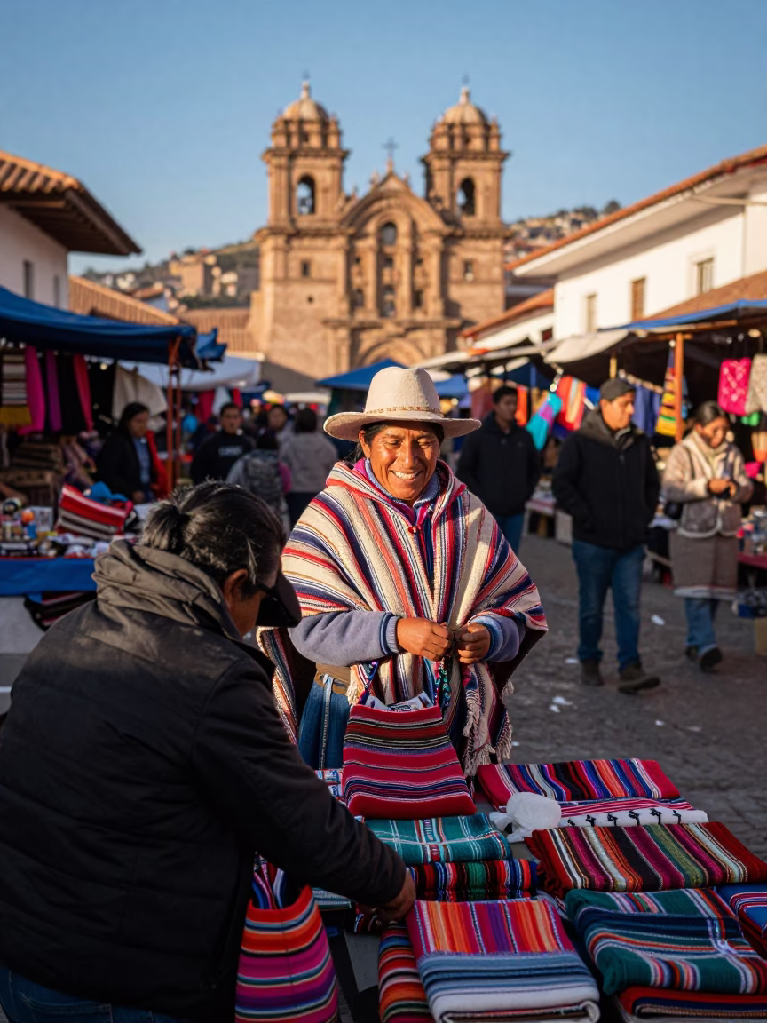 Clear Late-afternoon Light on Market Scene in Cusco in in Cusco, Peru