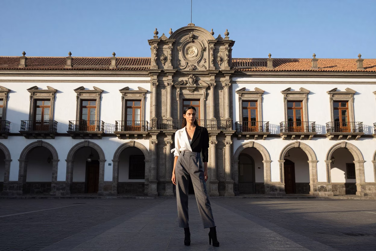 Clear Late-afternoon Light on Model Colonial Plaza Late Afternoon in Quito in in Quito, Ecuador