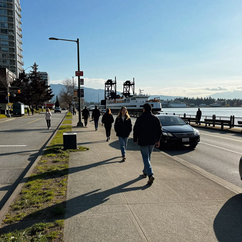 Clear Late-afternoon Light on Street Scene in Vancouver in in Vancouver, British Columbia, Canada