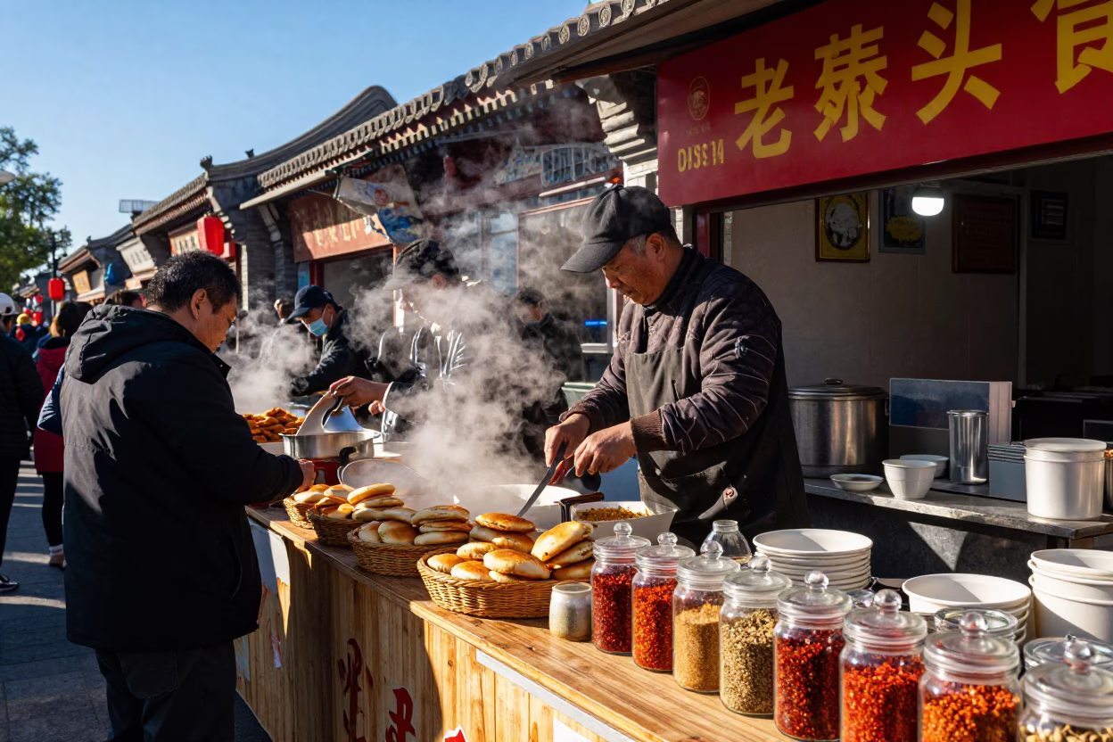 Clear Late-afternoon Light on Street Stall in Beijing in in Beijing, China