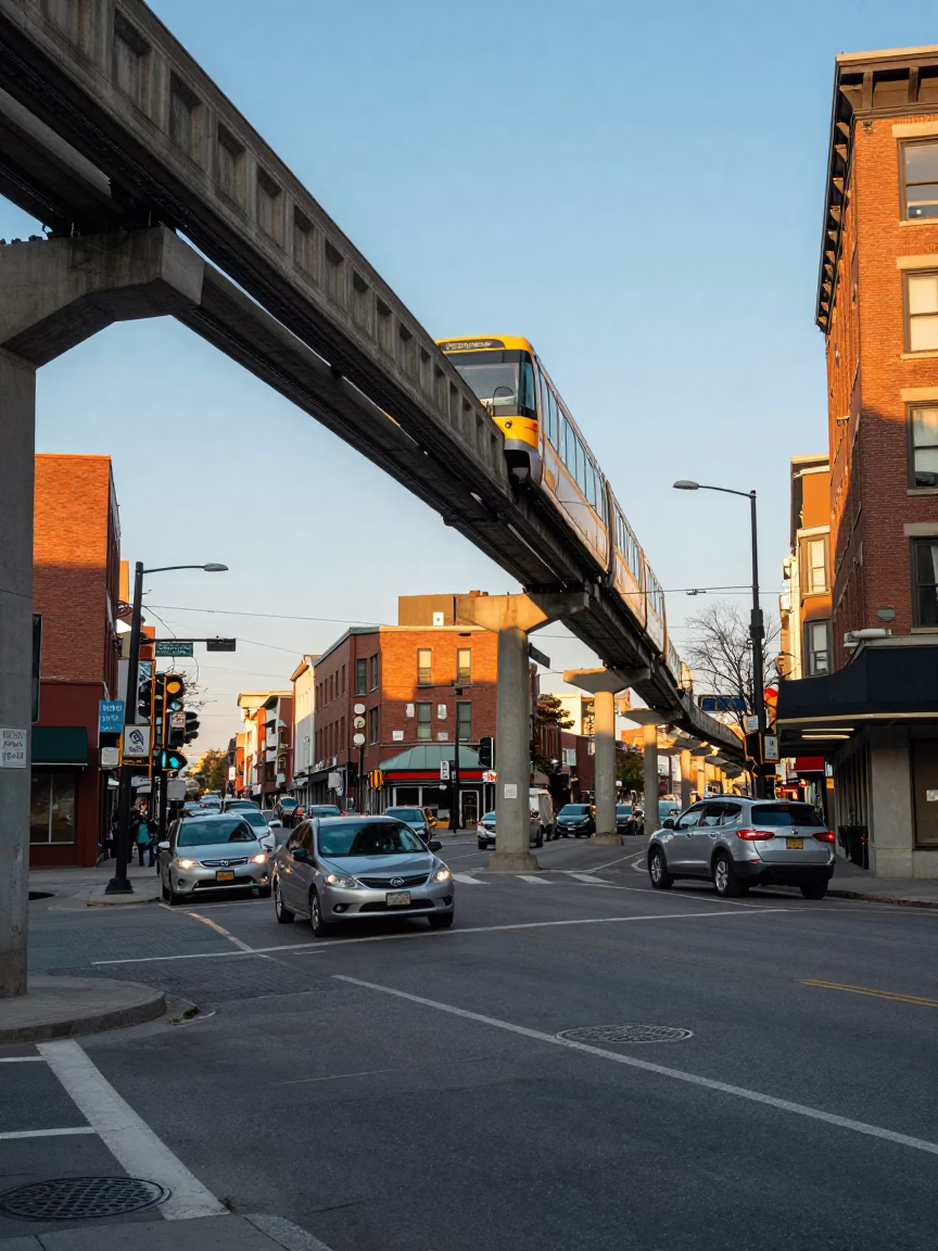 Clear Late Afternoon Light on Toronto Street with Monorail and Urban Details in in Toronto, Ontario, Canada