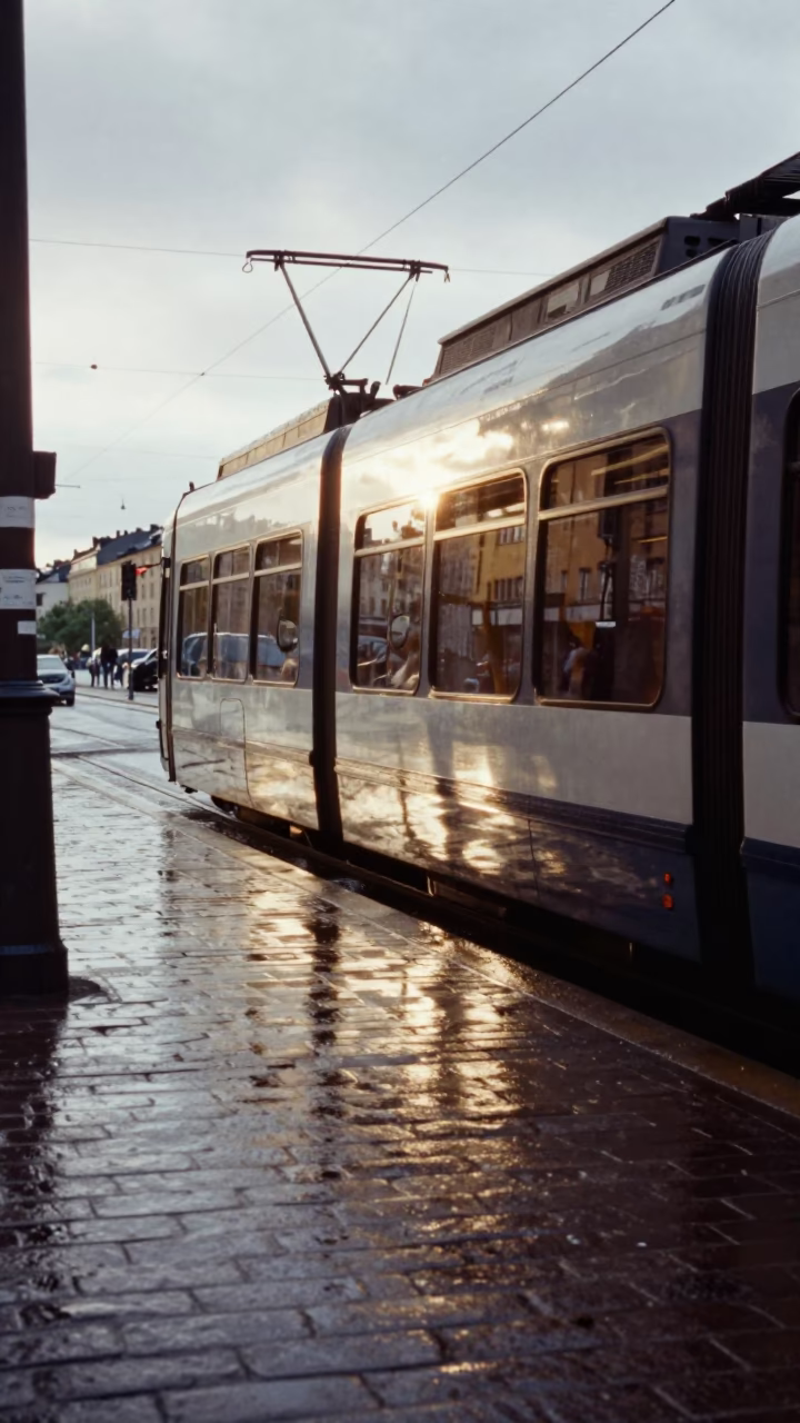 Clear Late-afternoon Light on Tram Reflection in Stockholm in in Stockholm, Sweden